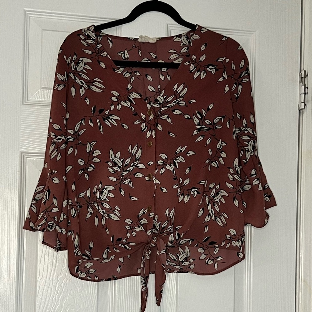 Printed Tie Front Bell Sleeve Blouse